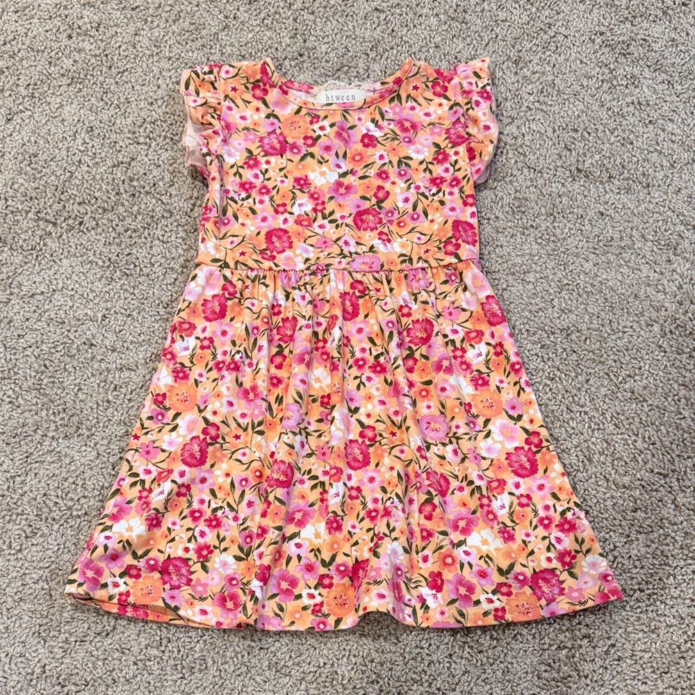 btween Vibrant Floral Kids Dress in Pink and Orange